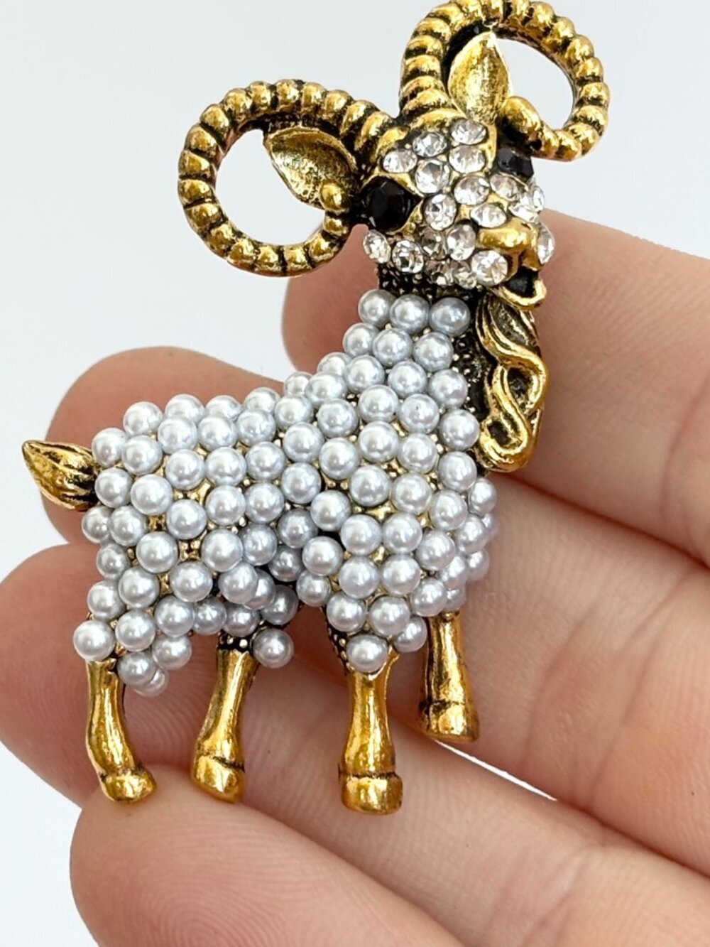 Goat Figural Gold Toned Pearl Accented Vintage Style Textured Brooch Pin - Picture 15 of 15